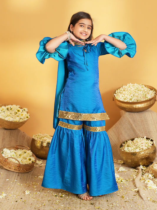 Blue Solid with Lace Work Silk blend Kurti Sharara and Dupatta For Girls