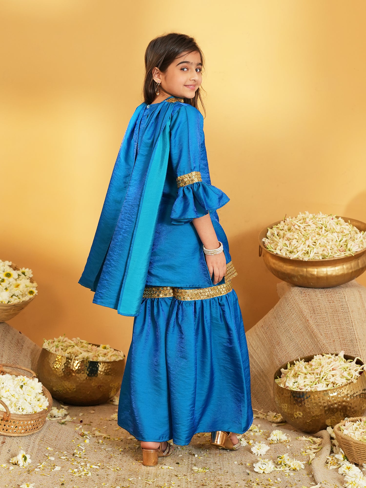 Blue Solid with Lace Work Silk blend Kurti Sharara and Dupatta For Girls