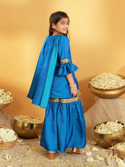 Blue Solid with Lace Work Silk blend Kurti Sharara and Dupatta For Girls