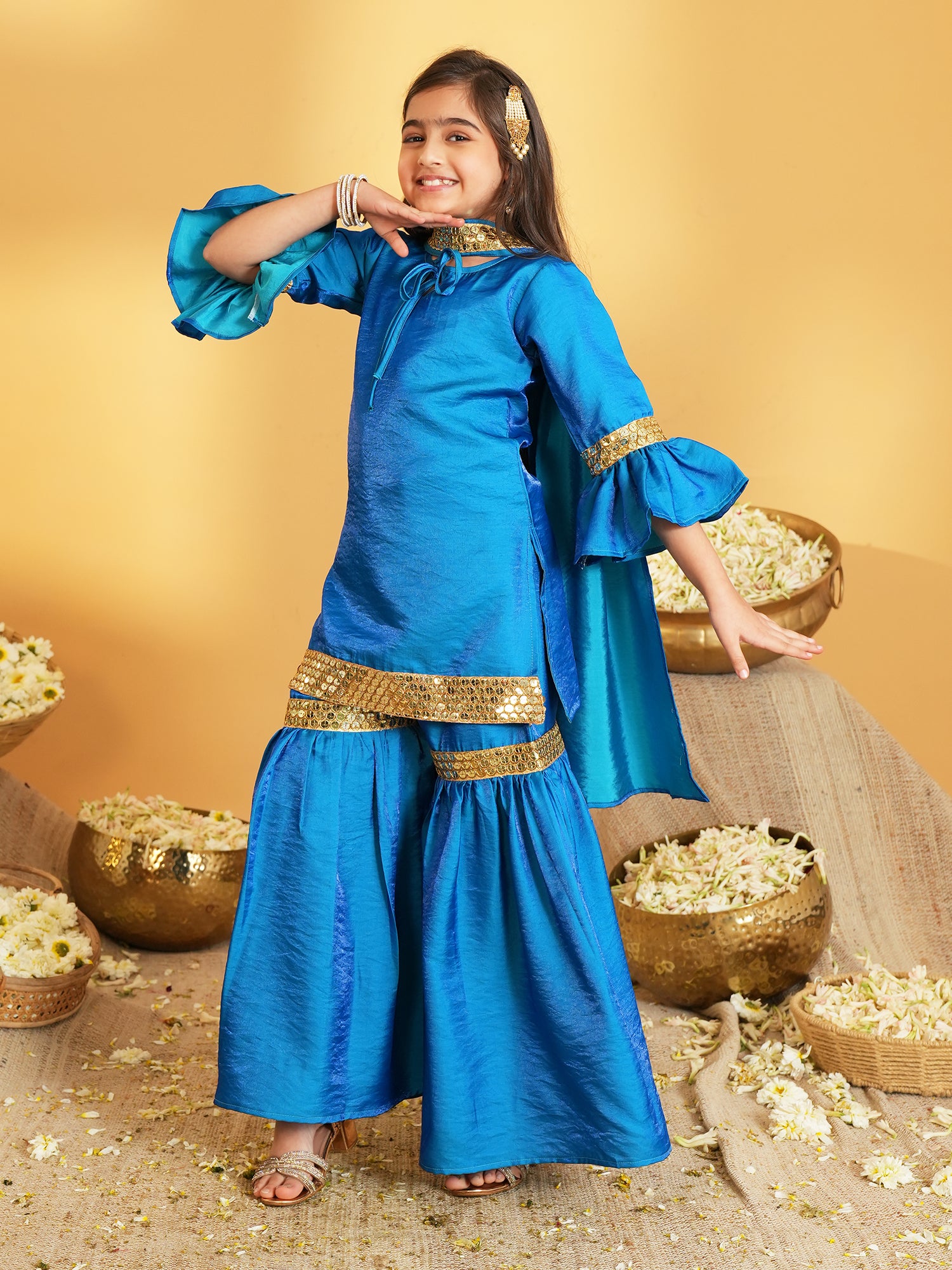 Blue Solid with Lace Work Silk blend Kurti Sharara and Dupatta For Girls
