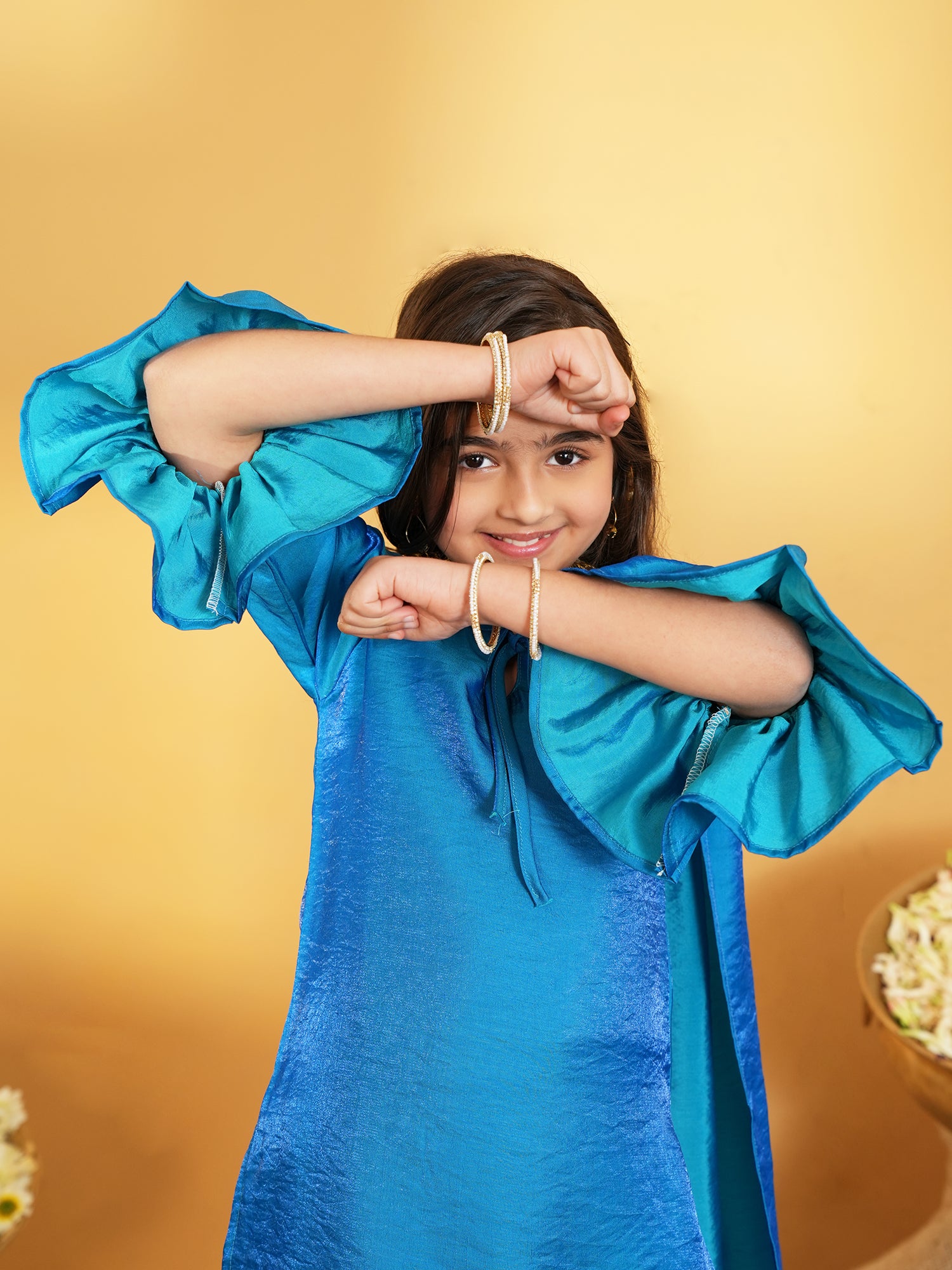 Blue Solid with Lace Work Silk blend Kurti Sharara and Dupatta For Girls