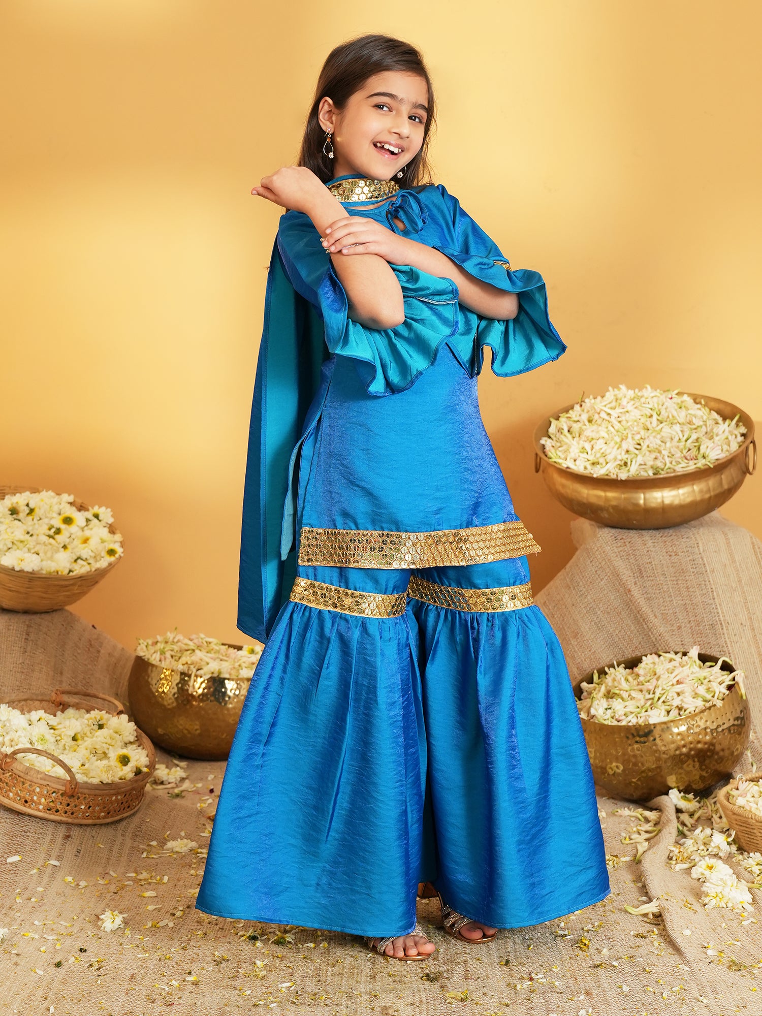 Blue Solid with Lace Work Silk blend Kurti Sharara and Dupatta For Girls