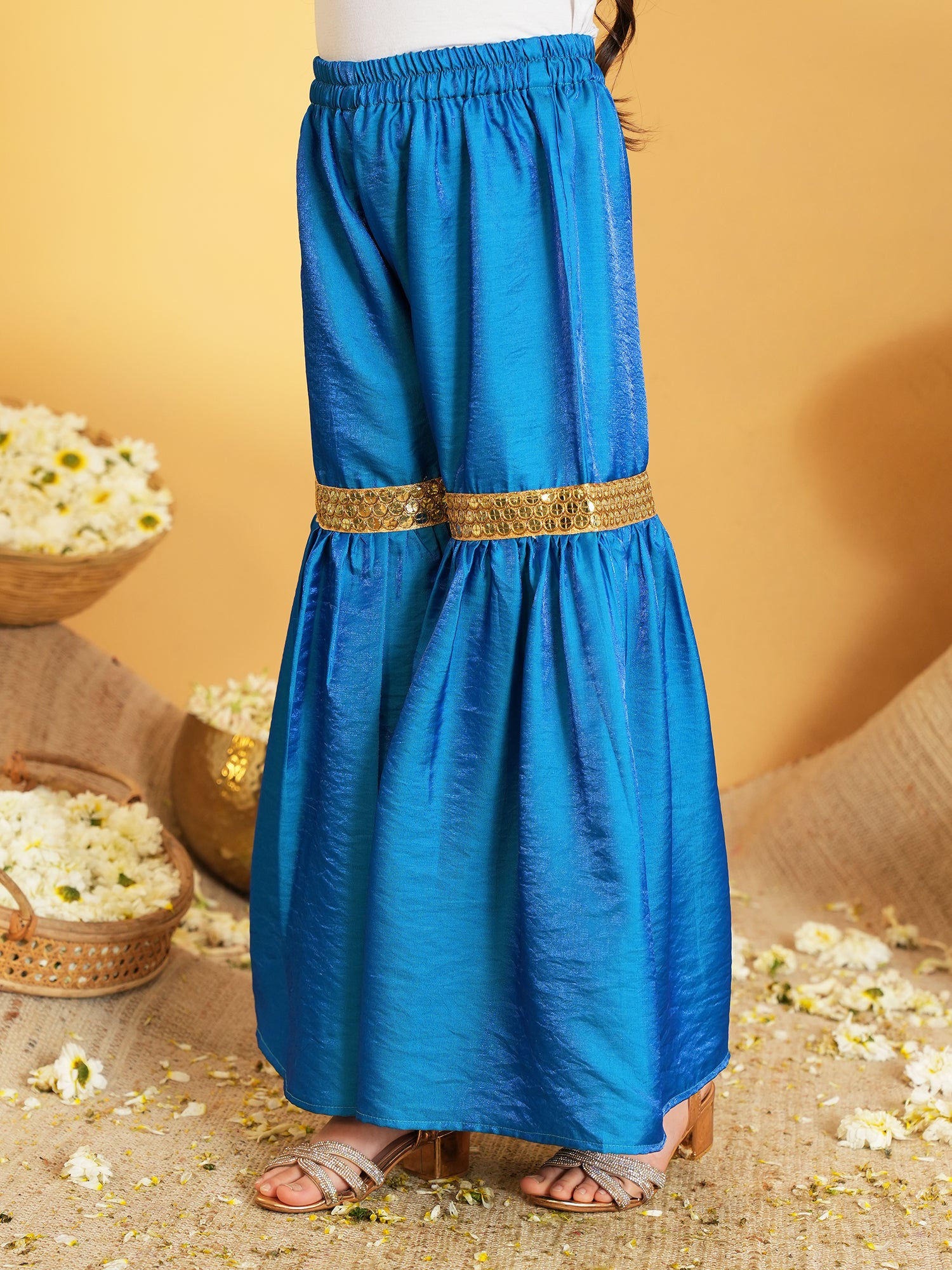 Blue Solid with Lace Work Silk blend Kurti Sharara and Dupatta For Girls