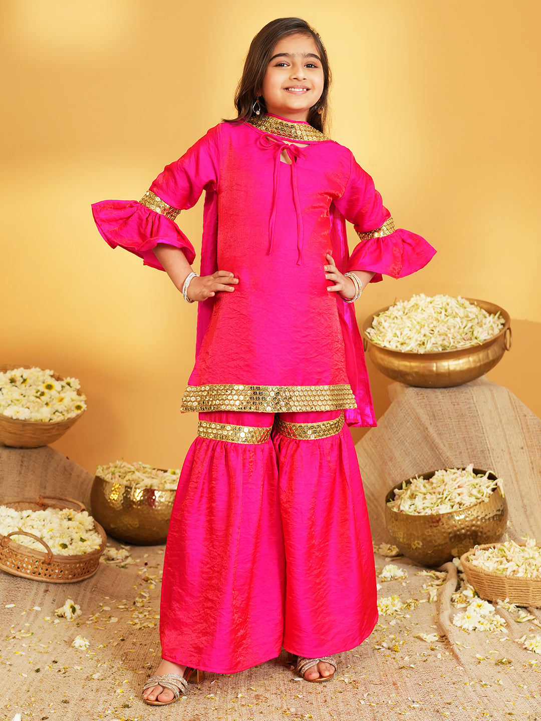 Pink Solid with Lace Work Silk blend Kurti Sharara and Dupatta For Girls