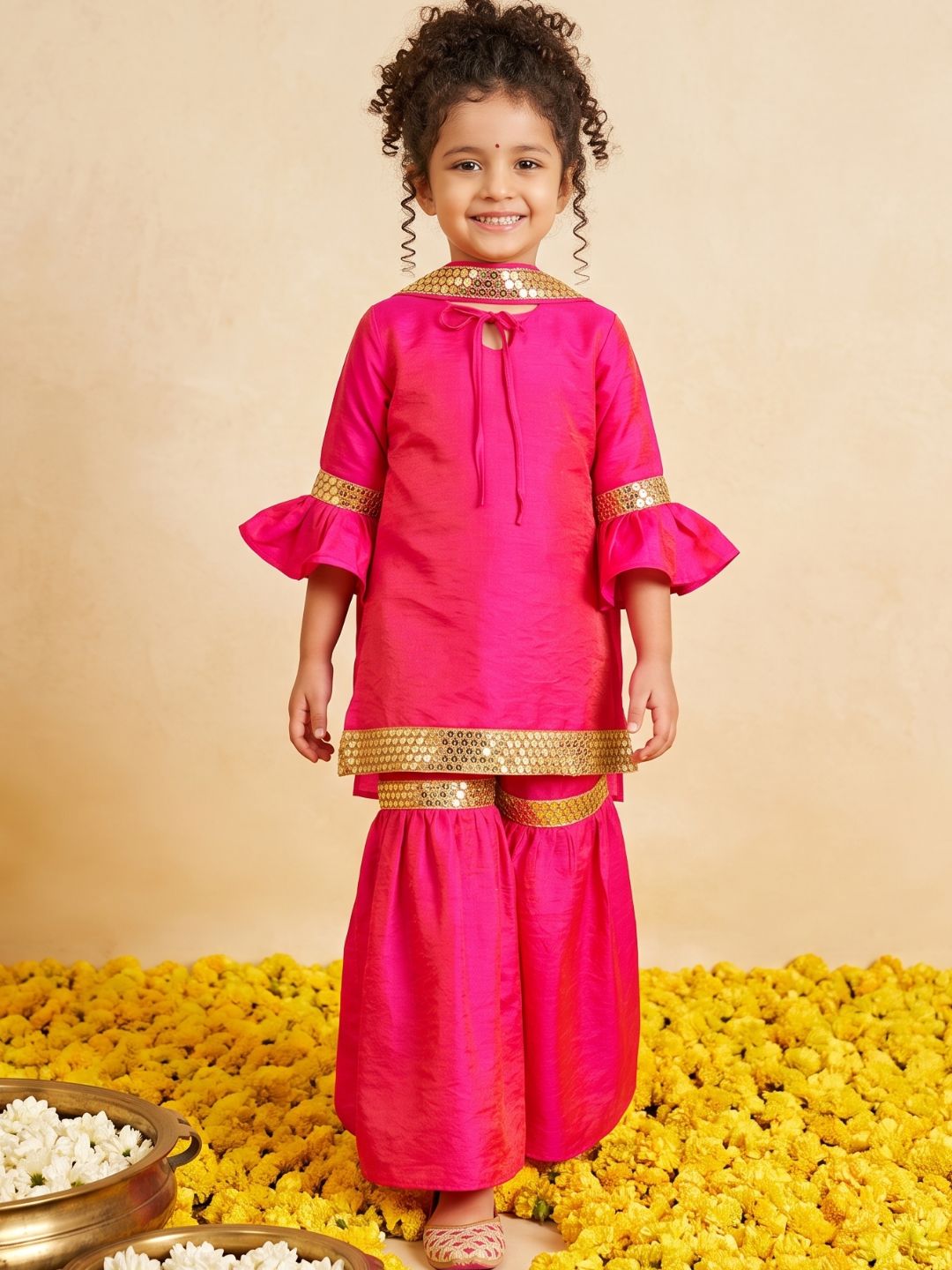 Pink Solid with Lace Work Silk blend Kurti Sharara and Dupatta For Girls