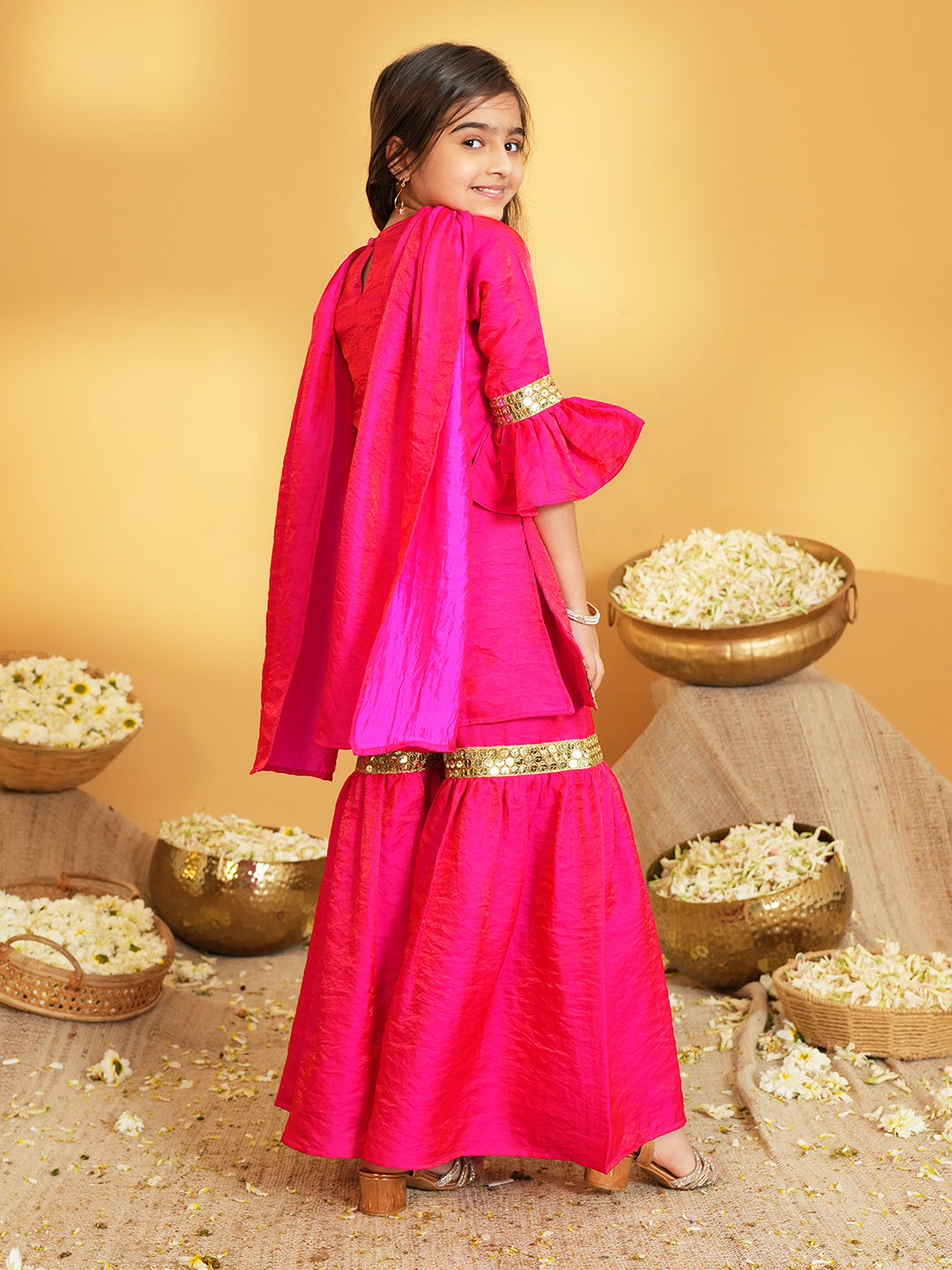 Pink Solid with Lace Work Silk blend Kurti Sharara and Dupatta For Girls