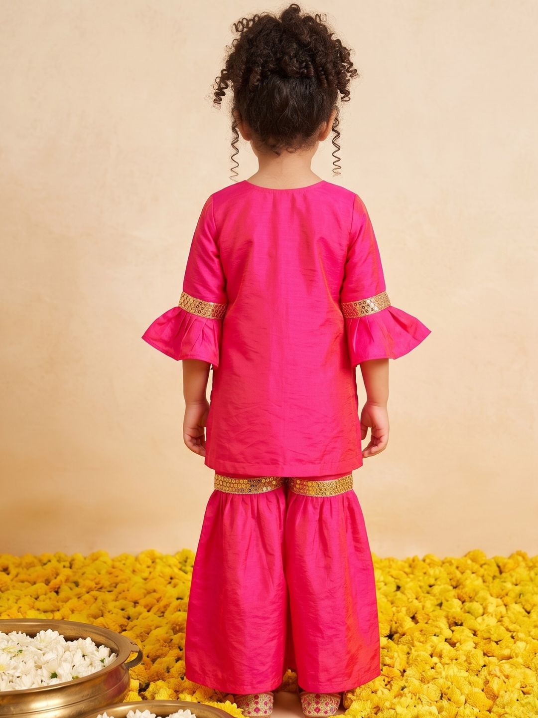 Pink Solid with Lace Work Silk blend Kurti Sharara and Dupatta For Girls