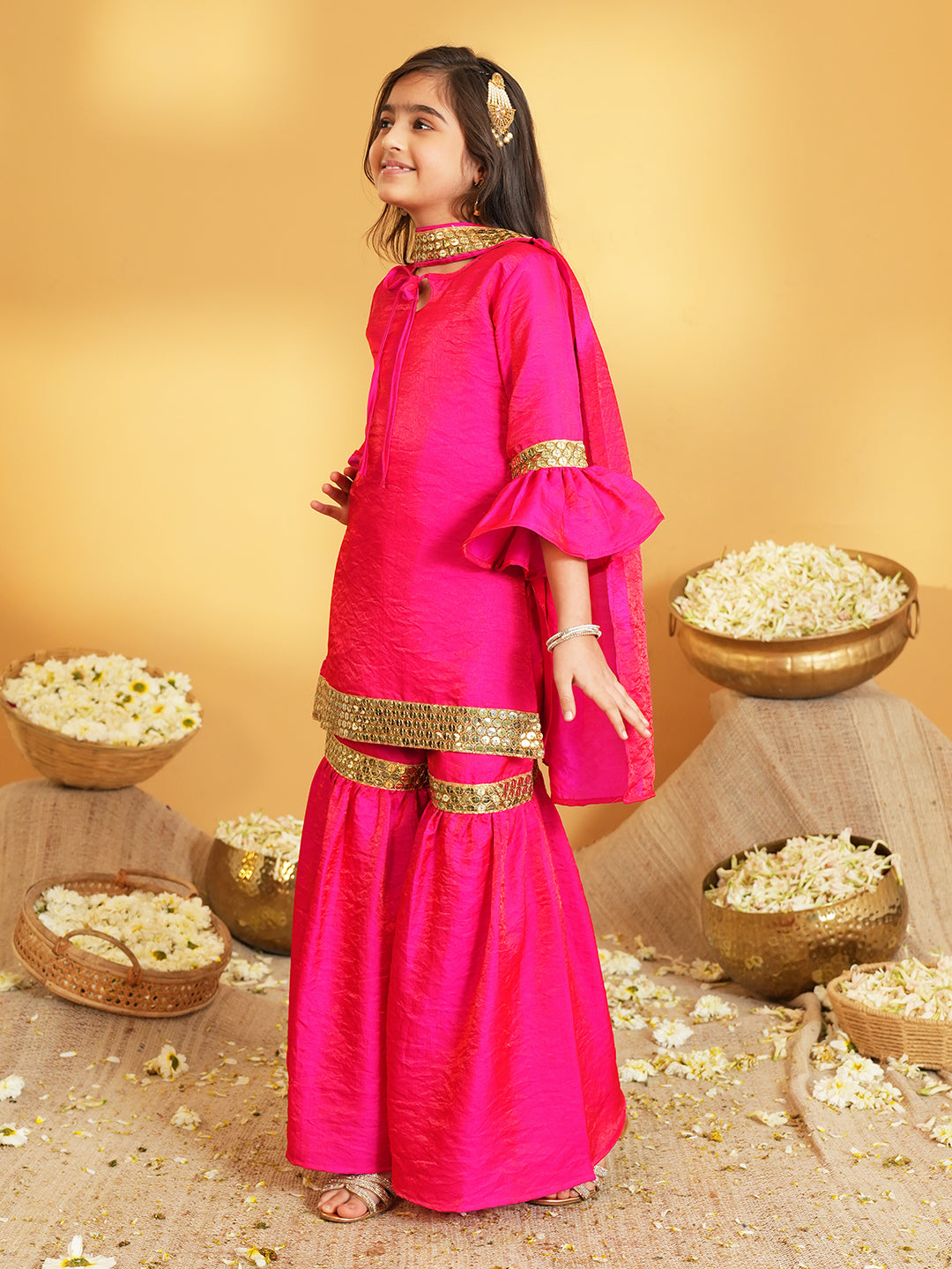 Pink Solid with Lace Work Silk blend Kurti Sharara and Dupatta For Girls