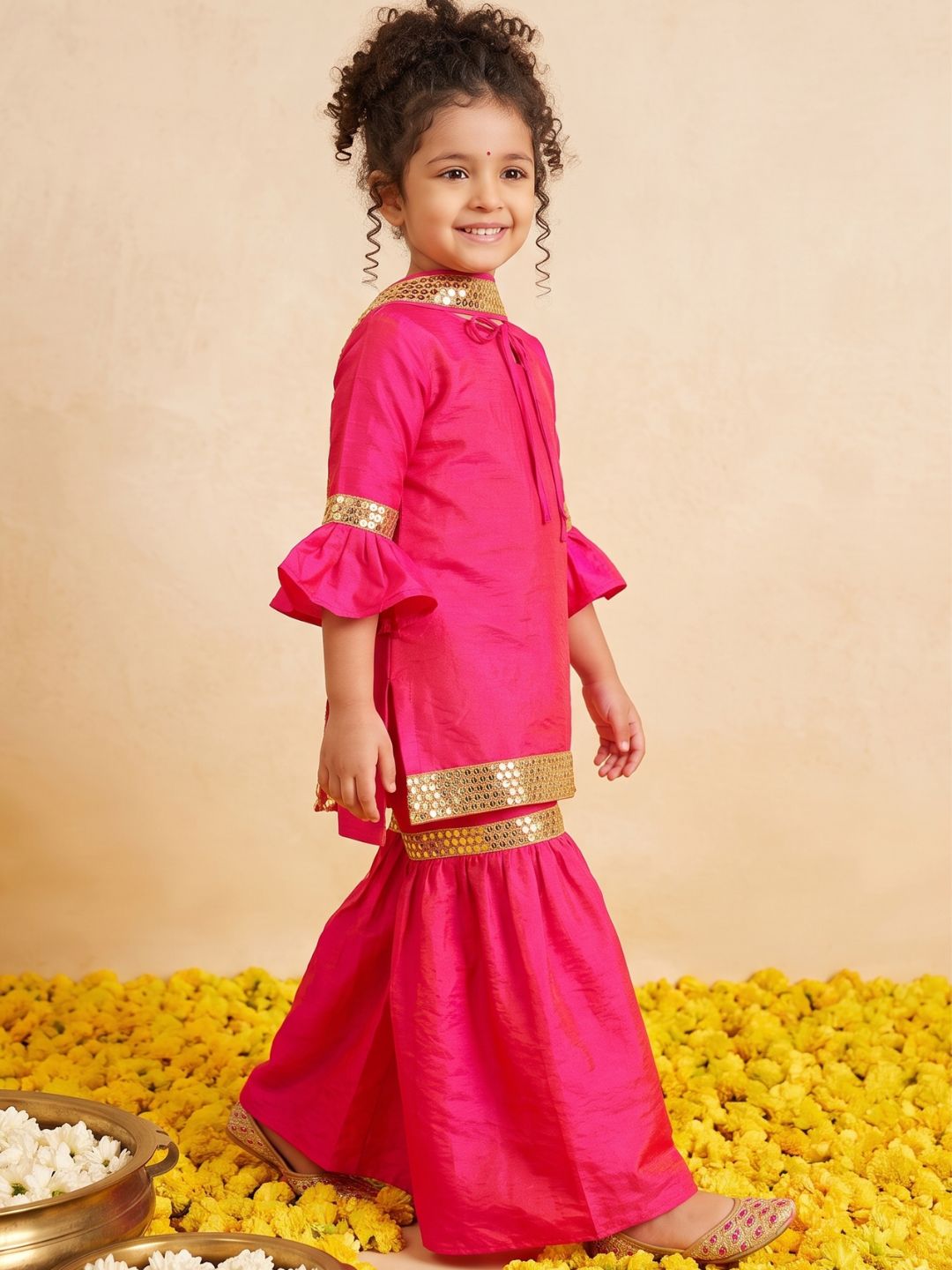 Pink Solid with Lace Work Silk blend Kurti Sharara and Dupatta For Girls
