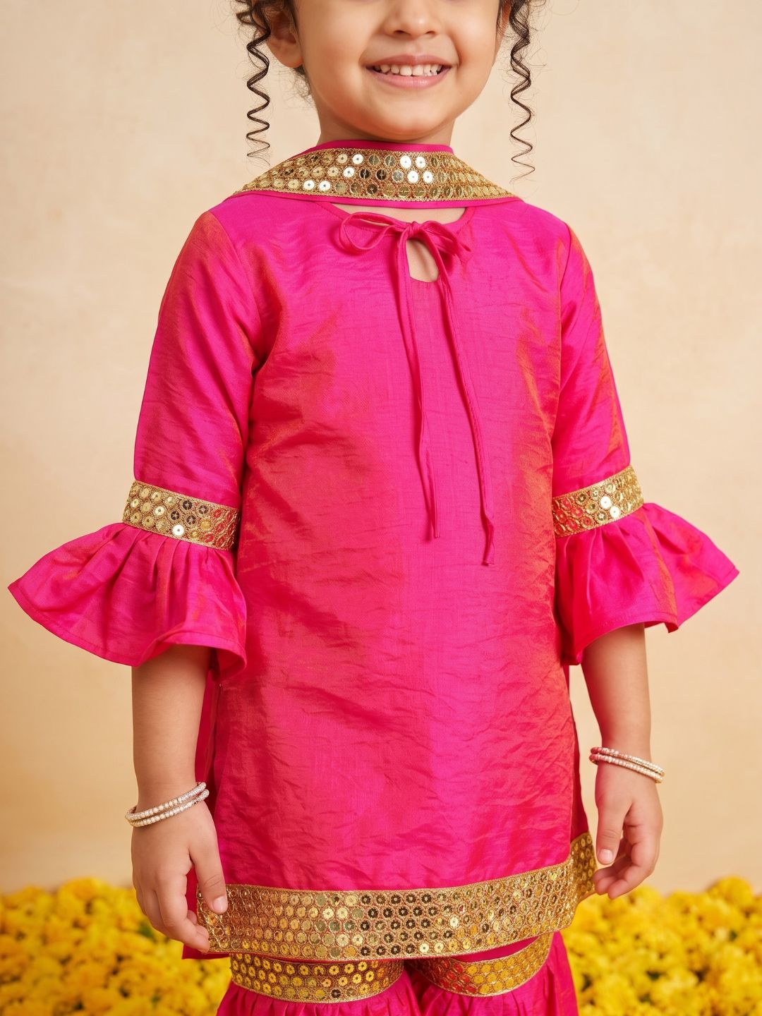 Pink Solid with Lace Work Silk blend Kurti Sharara and Dupatta For Girls
