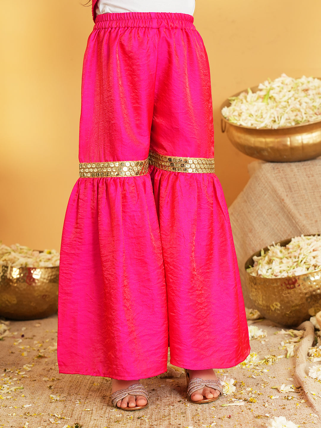 Pink Solid with Lace Work Silk blend Kurti Sharara and Dupatta For Girls