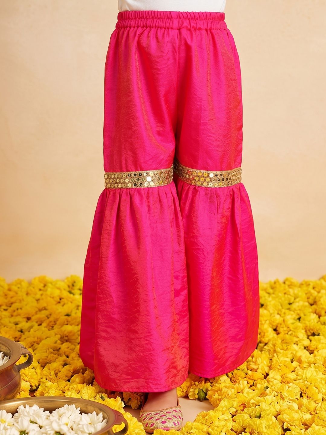 Pink Solid with Lace Work Silk blend Kurti Sharara and Dupatta For Girls