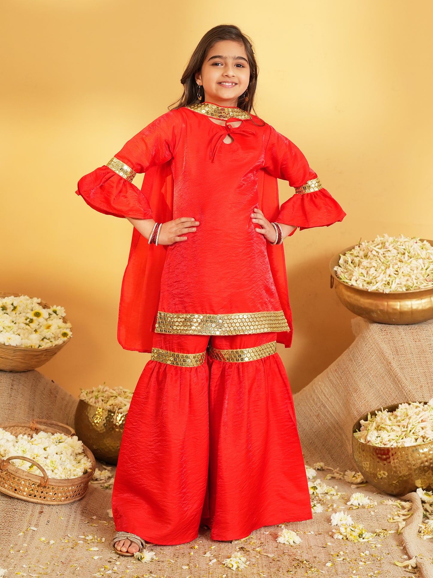 Red Solid with Lace Work Silk blend Kurti Sharara and Dupatta For Girls