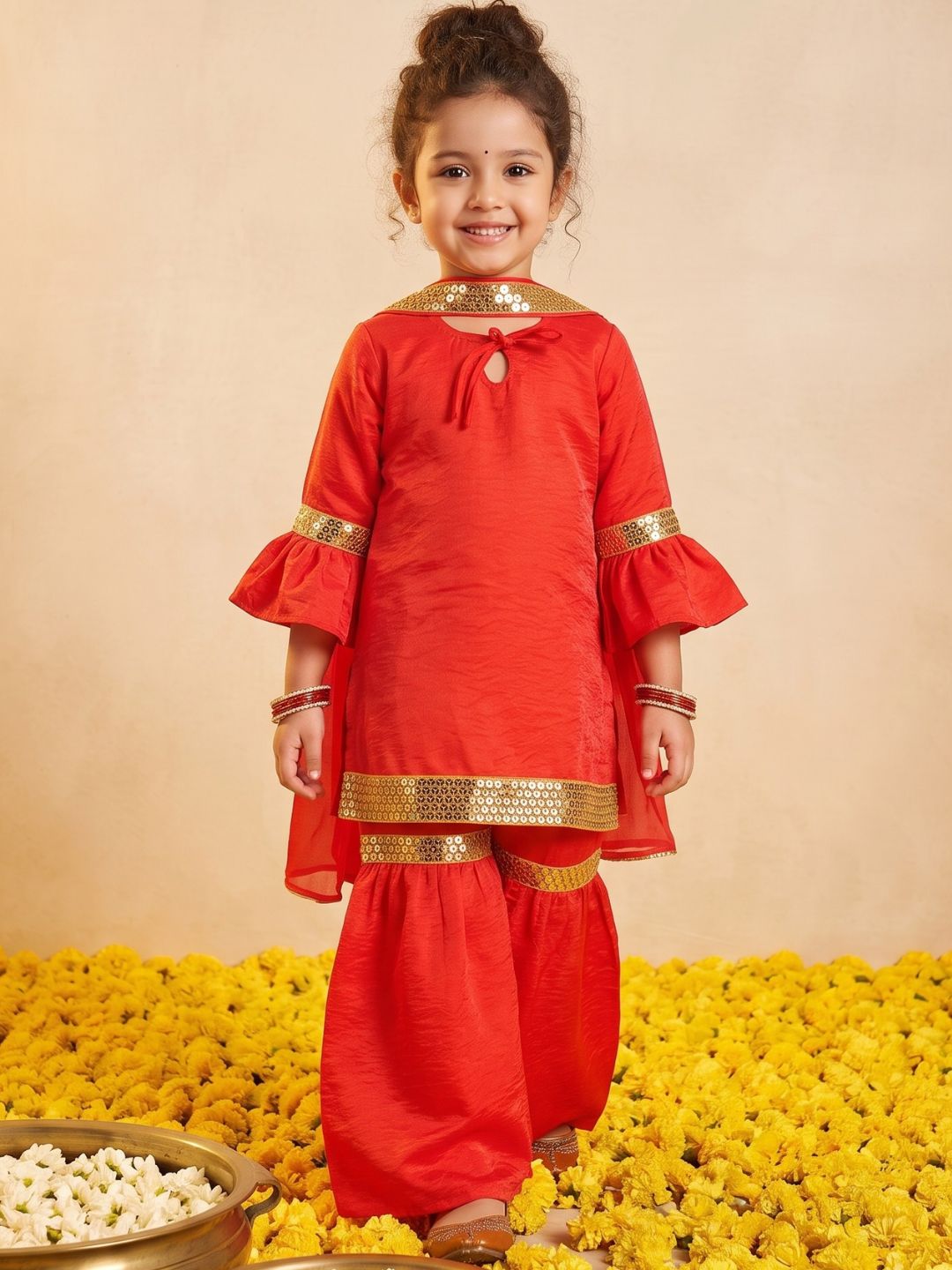 Red Solid with Lace Work Silk blend Kurti Sharara and Dupatta For Girls