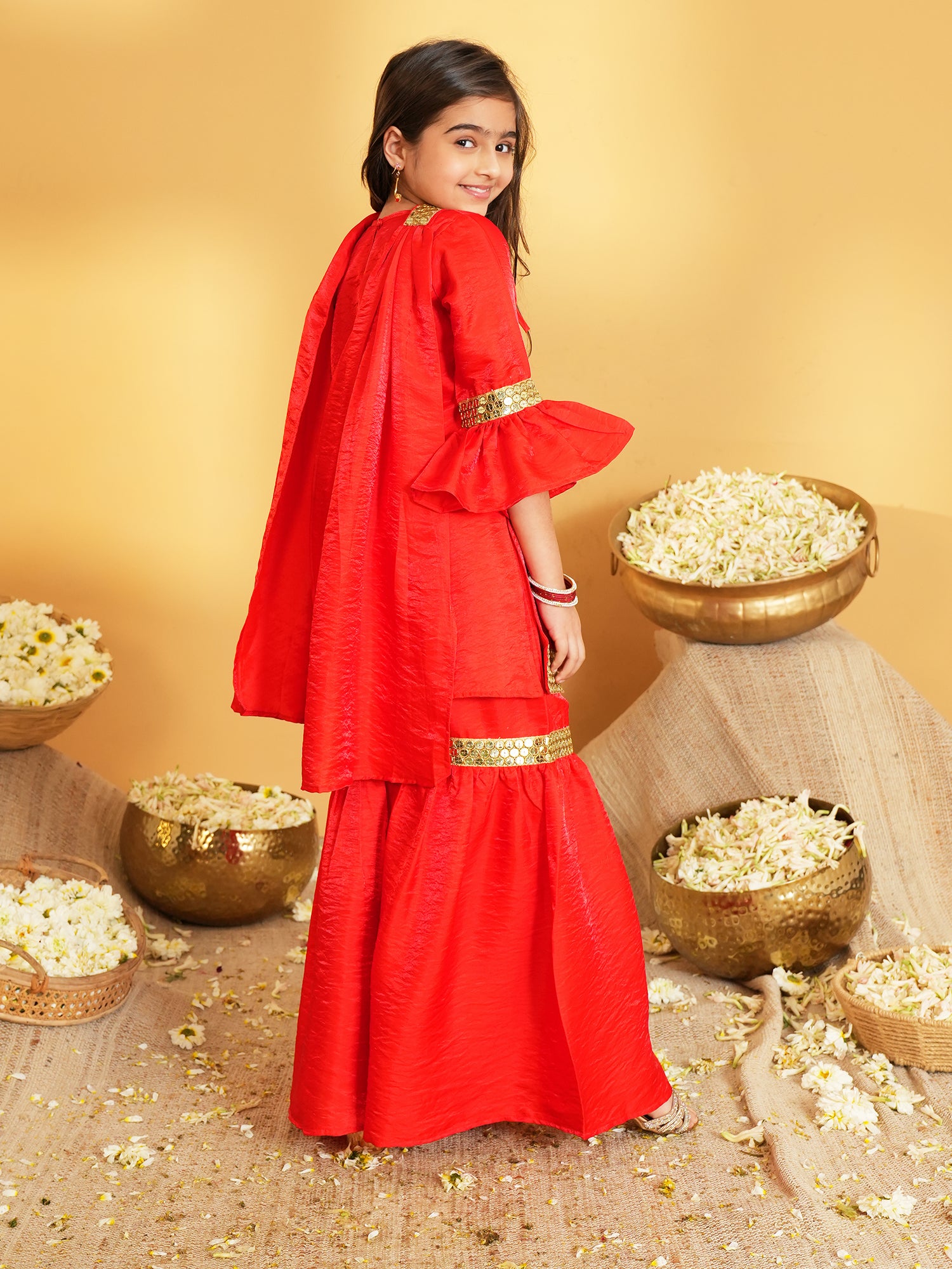 Red Solid with Lace Work Silk blend Kurti Sharara and Dupatta For Girls