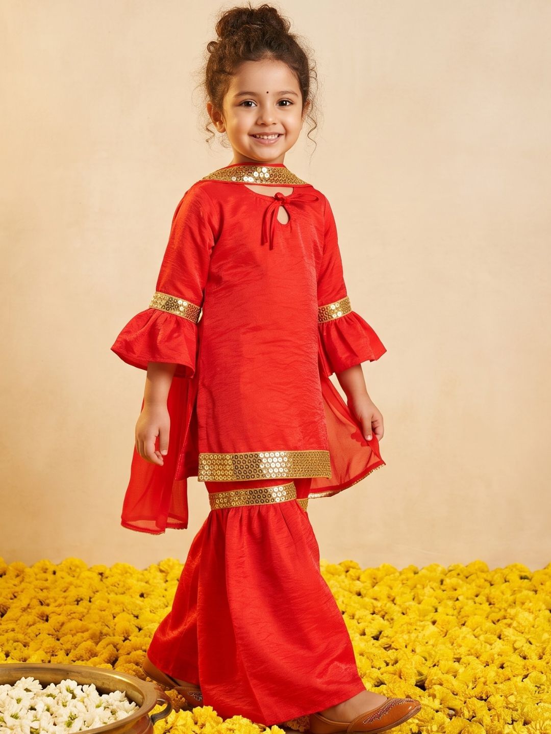 Red Solid with Lace Work Silk blend Kurti Sharara and Dupatta For Girls
