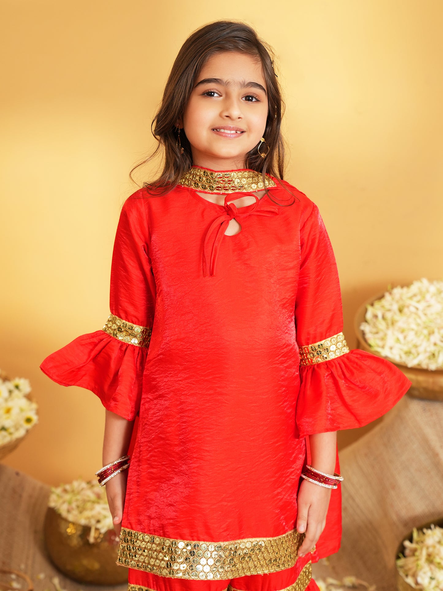 Red Solid with Lace Work Silk blend Kurti Sharara and Dupatta For Girls