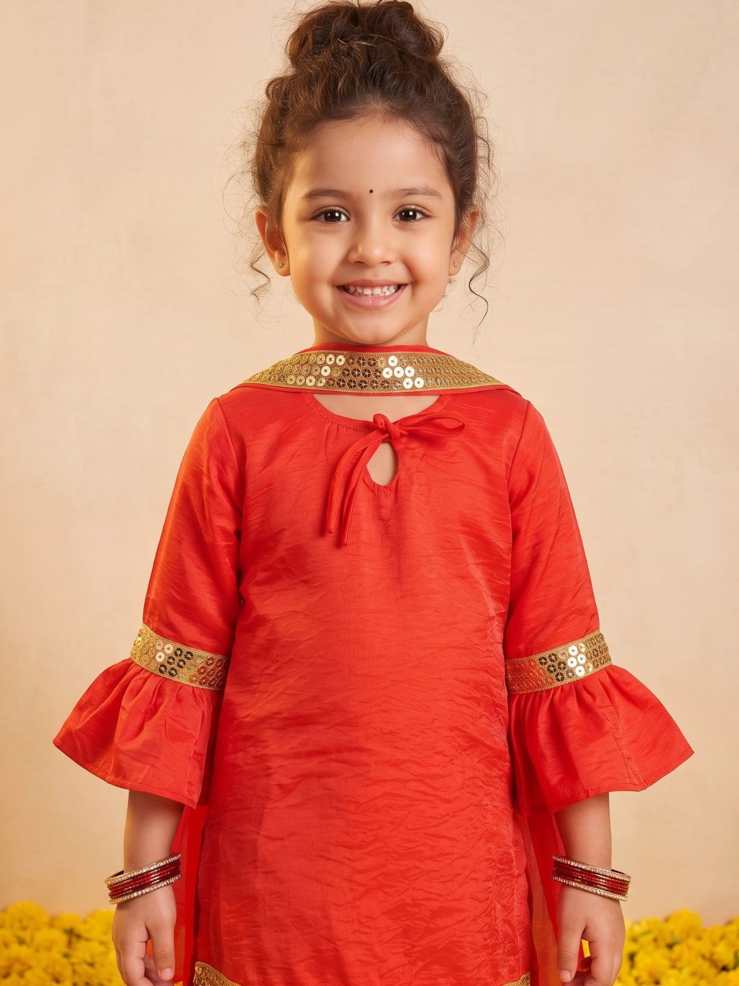 Red Solid with Lace Work Silk blend Kurti Sharara and Dupatta For Girls