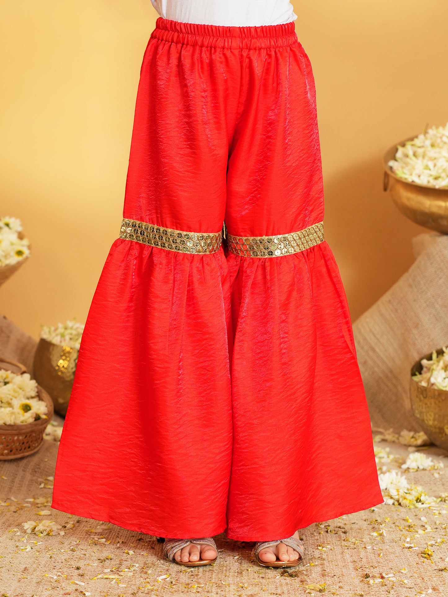 Red Solid with Lace Work Silk blend Kurti Sharara and Dupatta For Girls