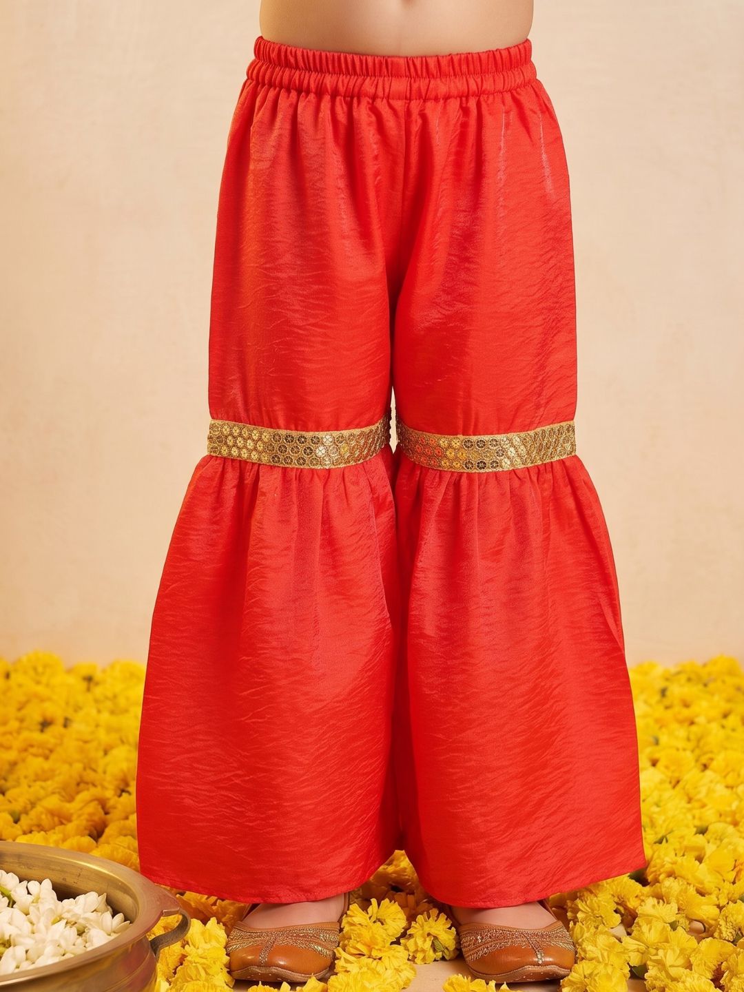 Red Solid with Lace Work Silk blend Kurti Sharara and Dupatta For Girls