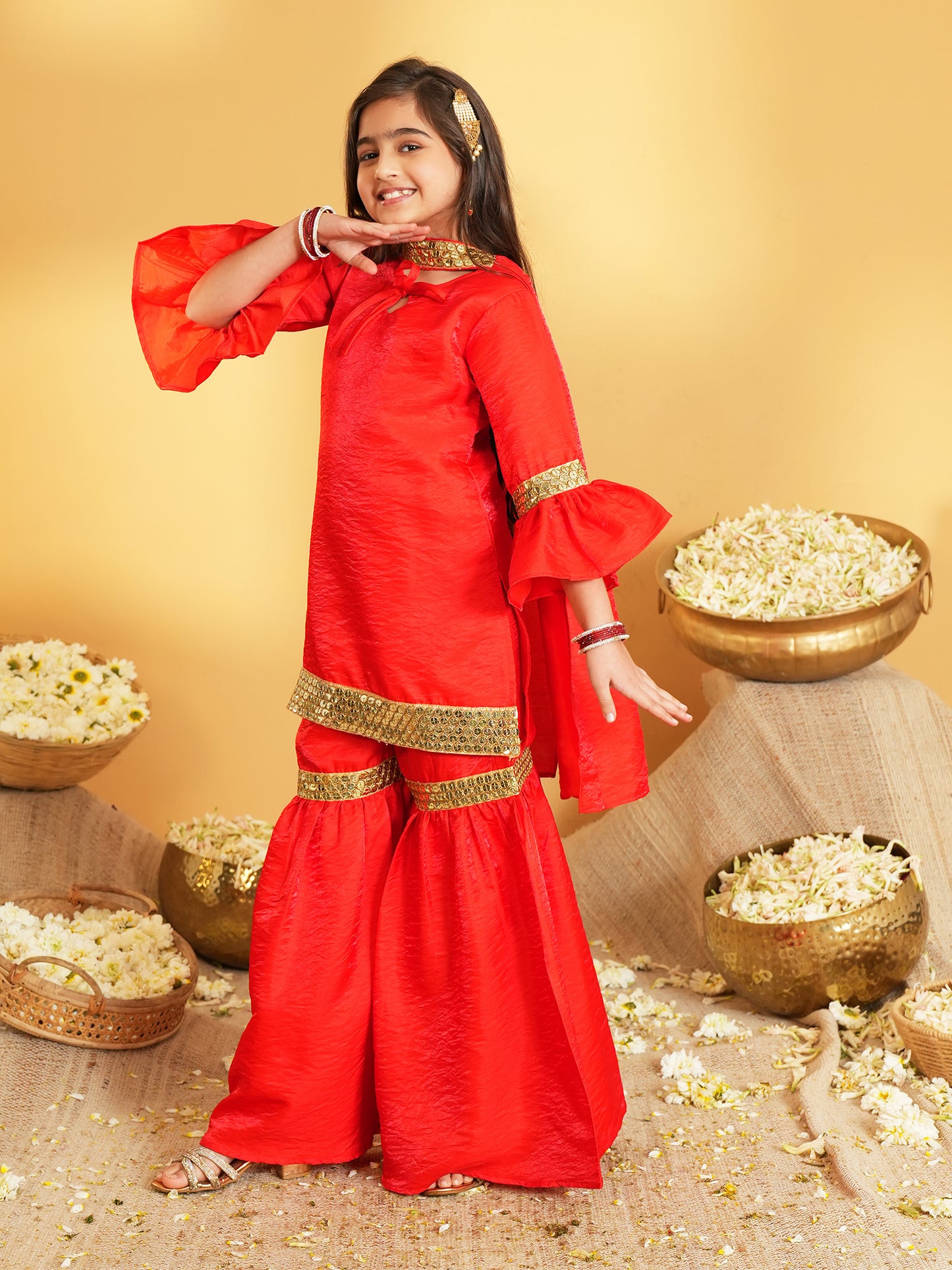 Red Solid with Lace Work Silk blend Kurti Sharara and Dupatta For Girls