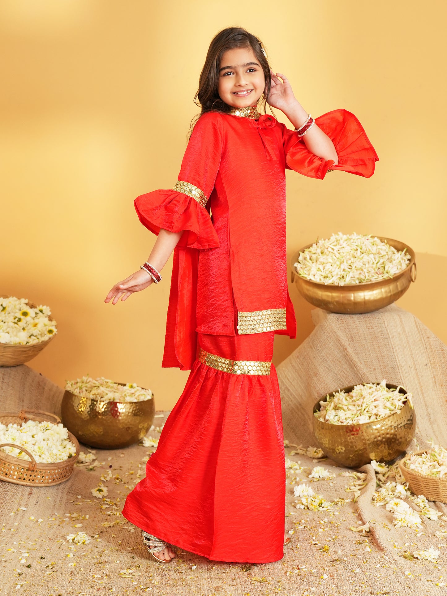 Red Solid with Lace Work Silk blend Kurti Sharara and Dupatta For Girls