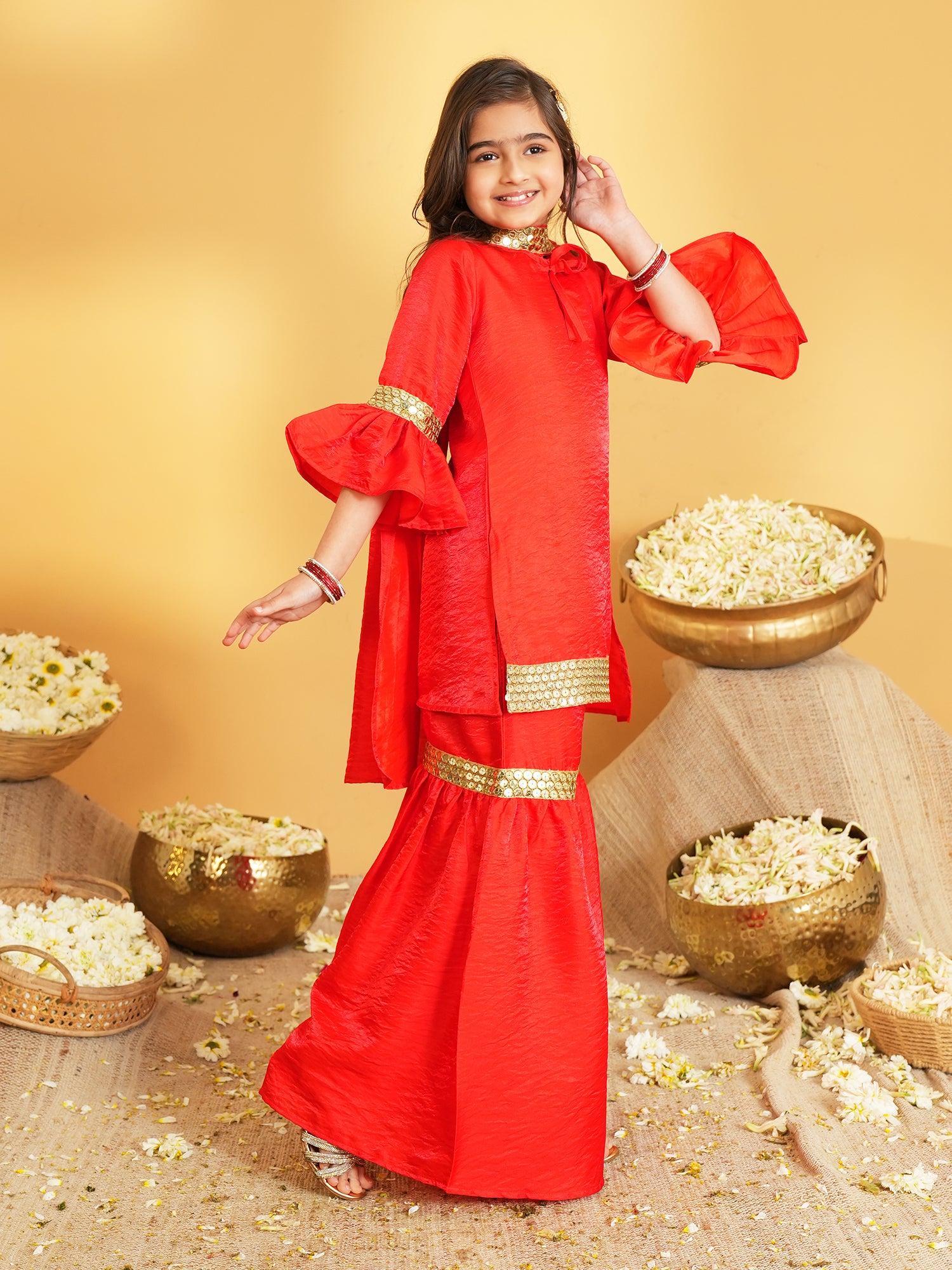 Red Solid with Lace Work Silk blend Kurti Sharara and Dupatta For Girls