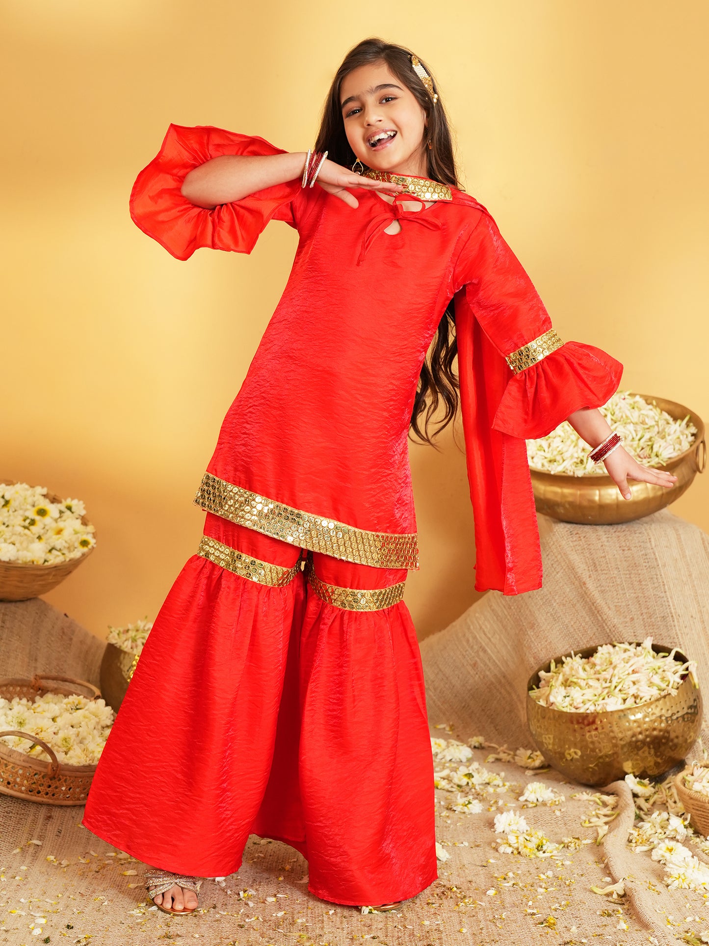 Red Solid with Lace Work Silk blend Kurti Sharara and Dupatta For Girls