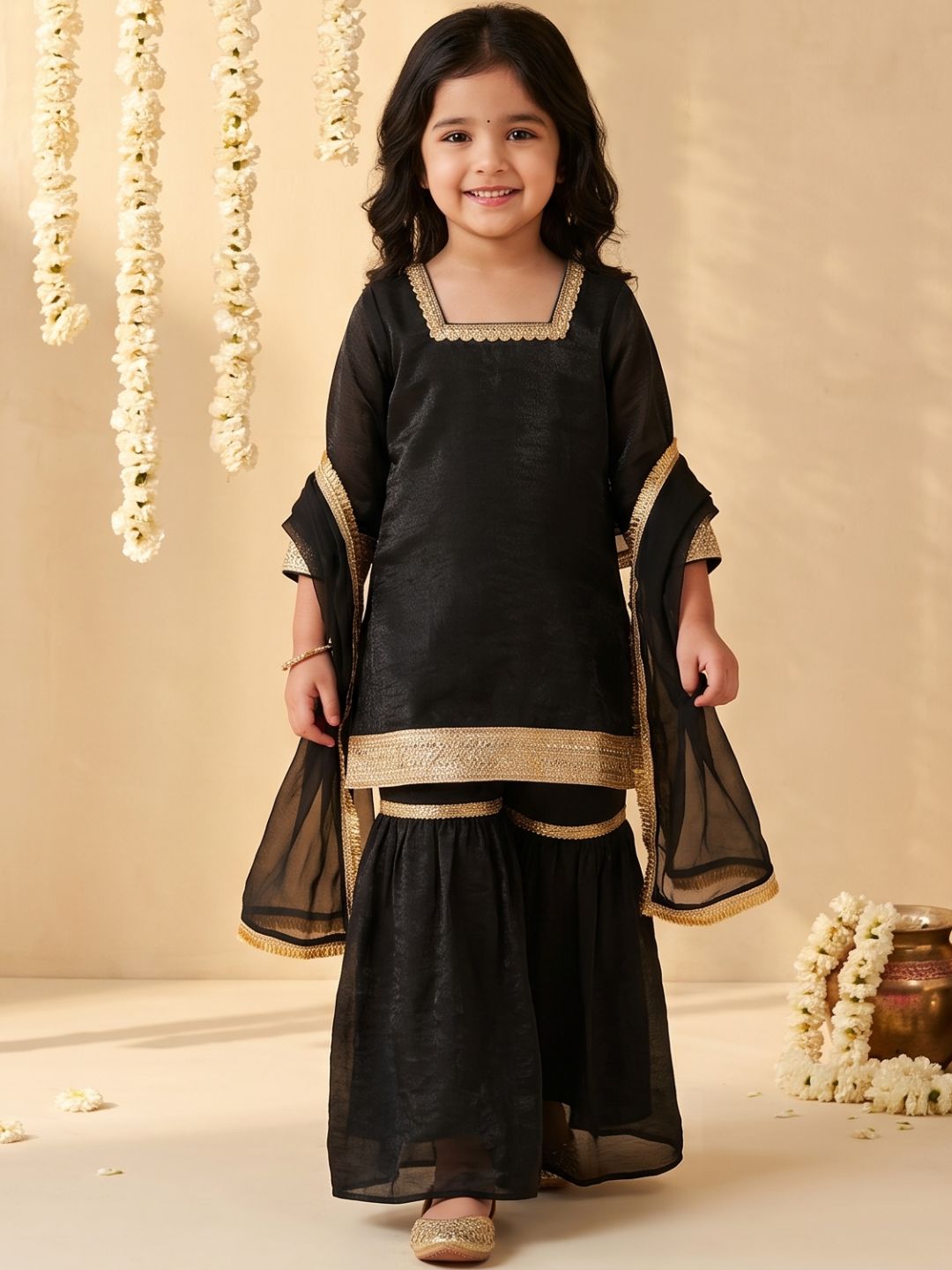 Black Solid with Lace Work Silk blend Kurti Gharara and Dupatta For Girls