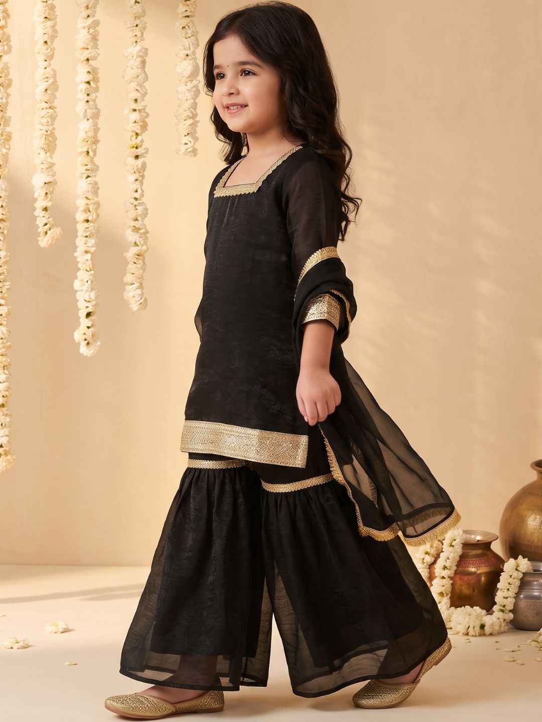 Black Solid with Lace Work Silk blend Kurti Gharara and Dupatta For Girls