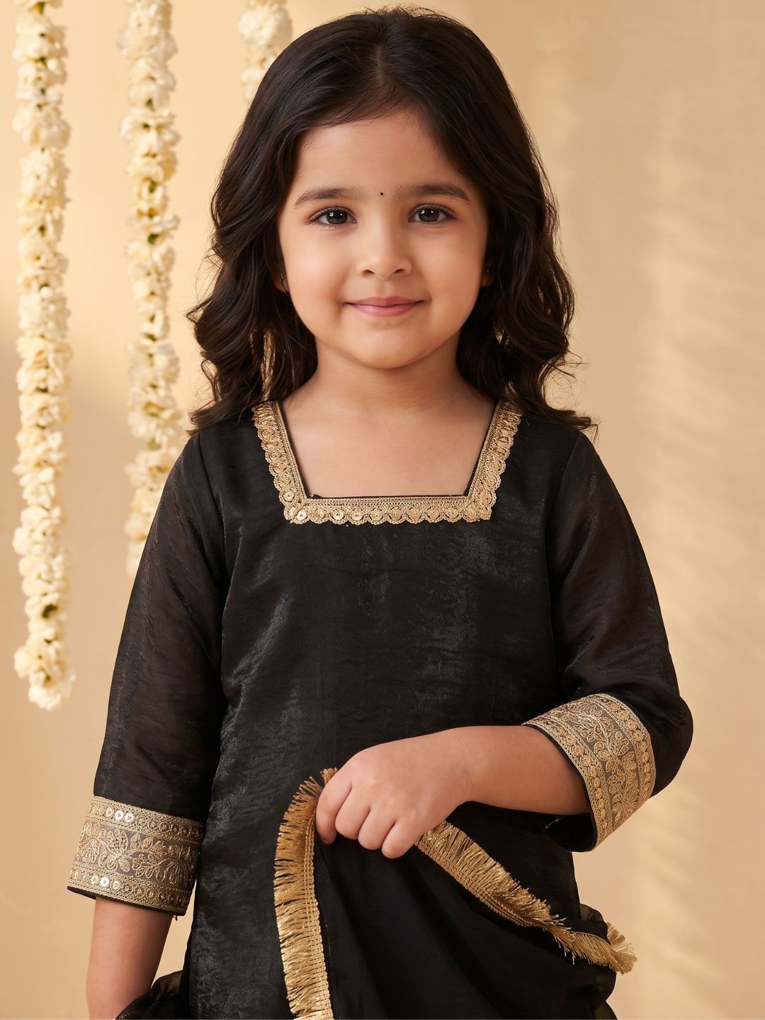 Black Solid with Lace Work Silk blend Kurti Gharara and Dupatta For Girls