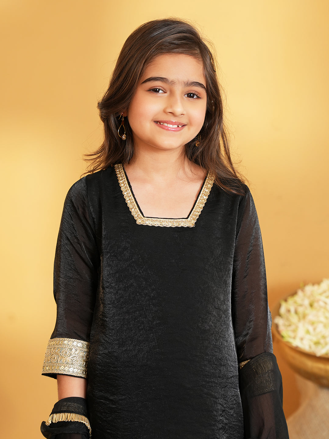 Black Solid with Lace Work Silk blend Kurti Gharara and Dupatta For Girls