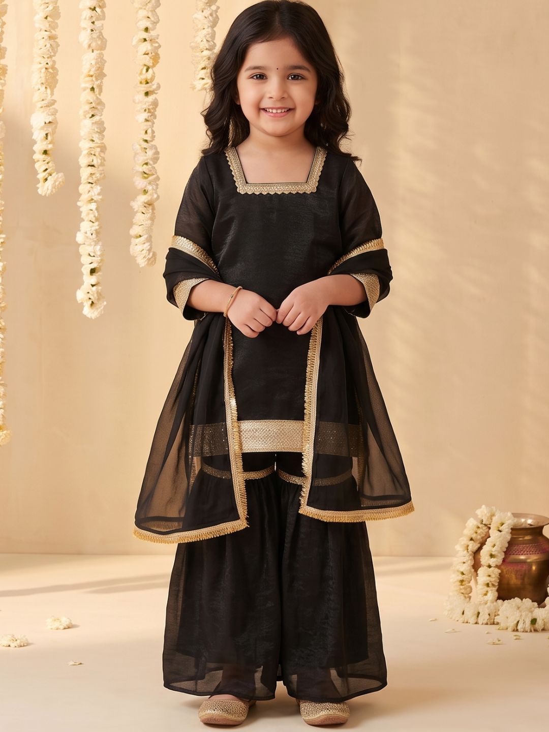 Black Solid with Lace Work Silk blend Kurti Gharara and Dupatta For Girls