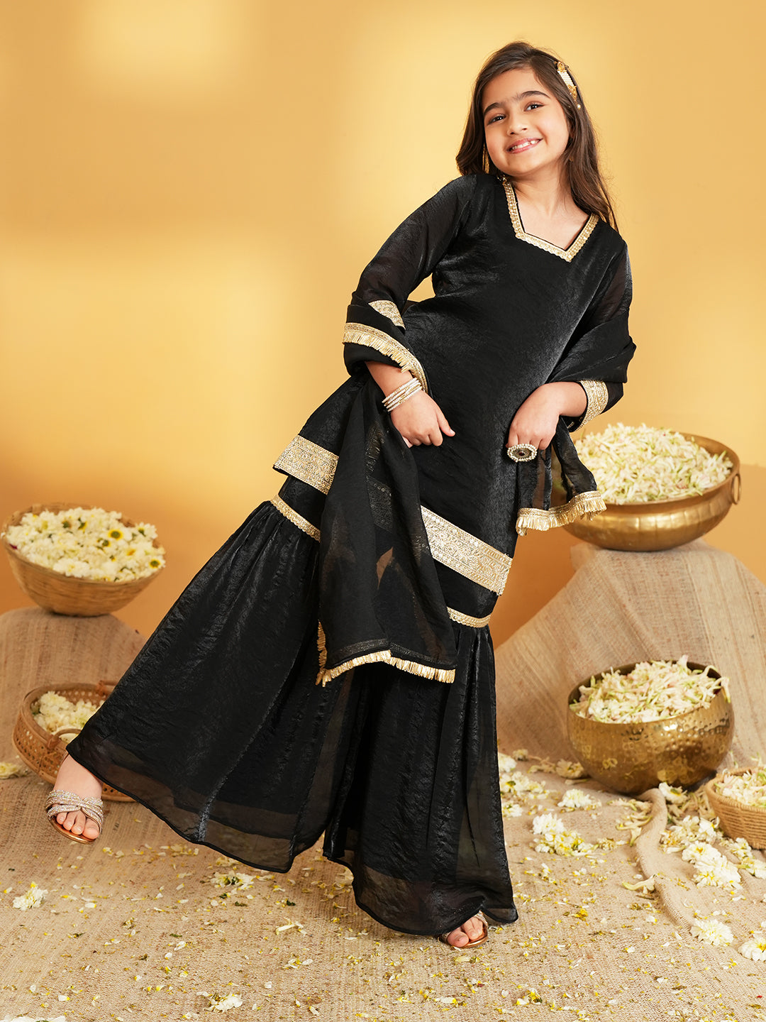 Black Solid with Lace Work Silk blend Kurti Gharara and Dupatta For Girls