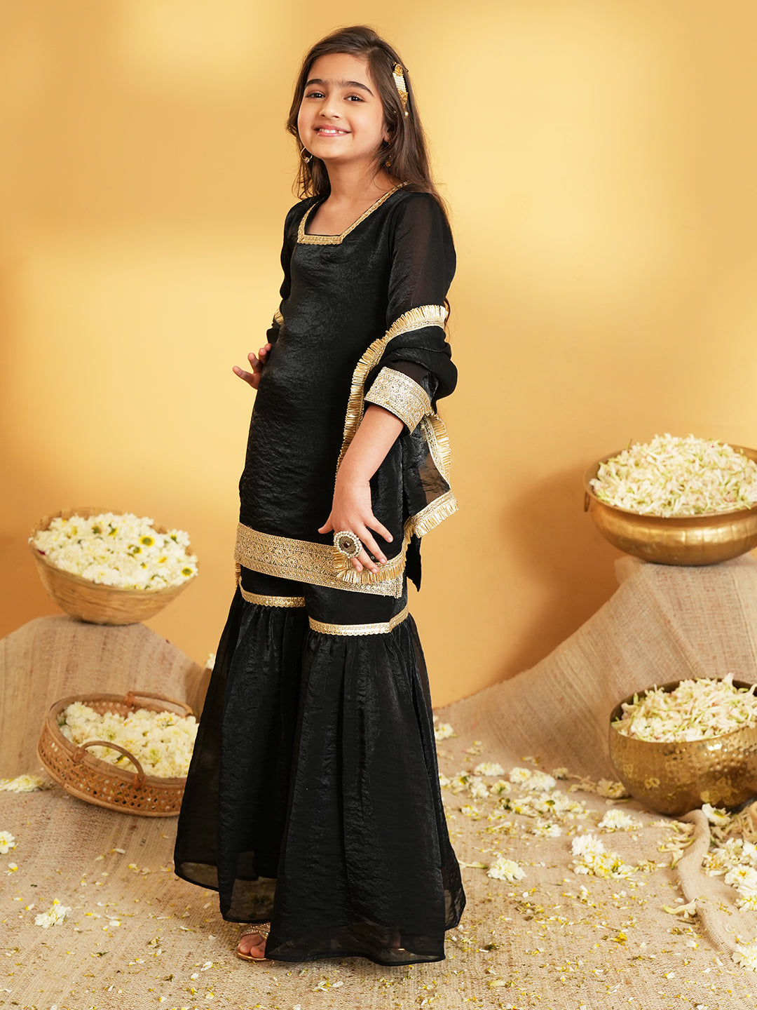 Black Solid with Lace Work Silk blend Kurti Gharara and Dupatta For Girls