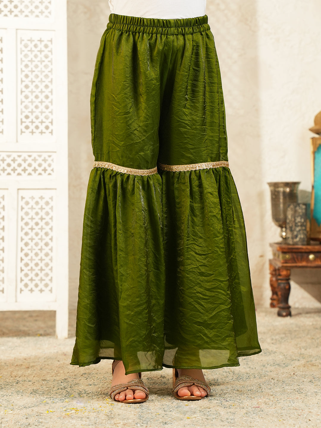 Green Solid with Lace Work Silk blend Kurti Gharara and Dupatta For Girls