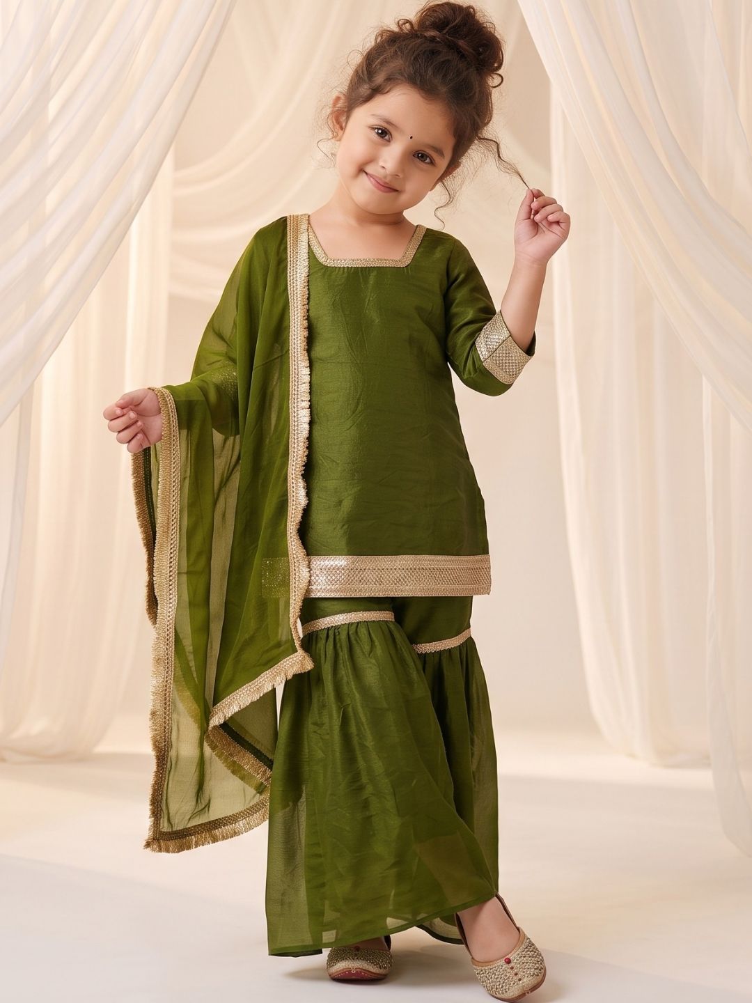 Green Solid with Lace Work Silk blend Kurti Gharara and Dupatta For Girls