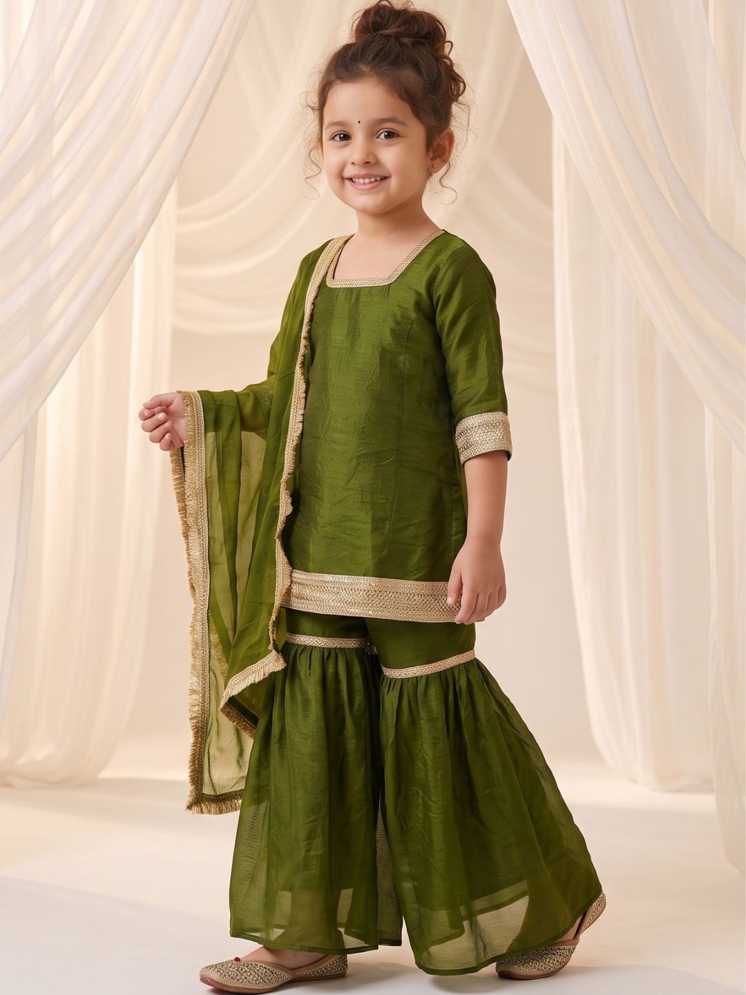 Green Solid with Lace Work Silk blend Kurti Gharara and Dupatta For Girls