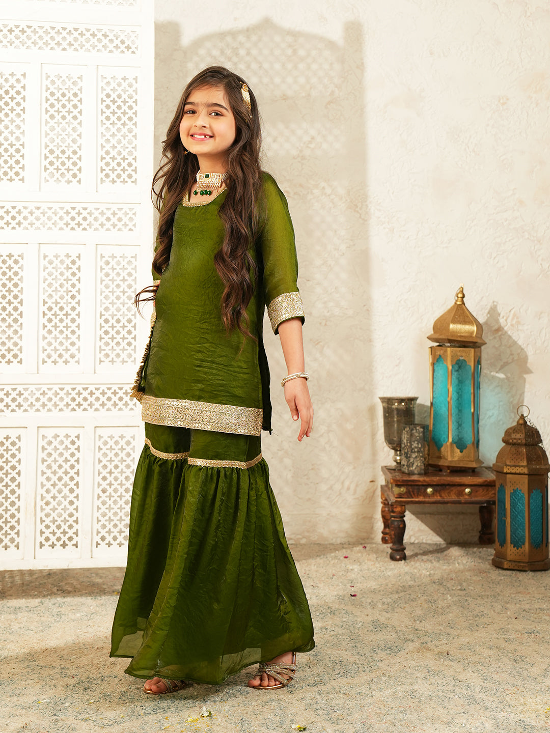 Green Solid with Lace Work Silk blend Kurti Gharara and Dupatta For Girls
