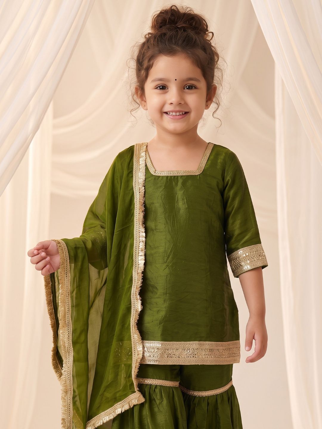 Green Solid with Lace Work Silk blend Kurti Gharara and Dupatta For Girls