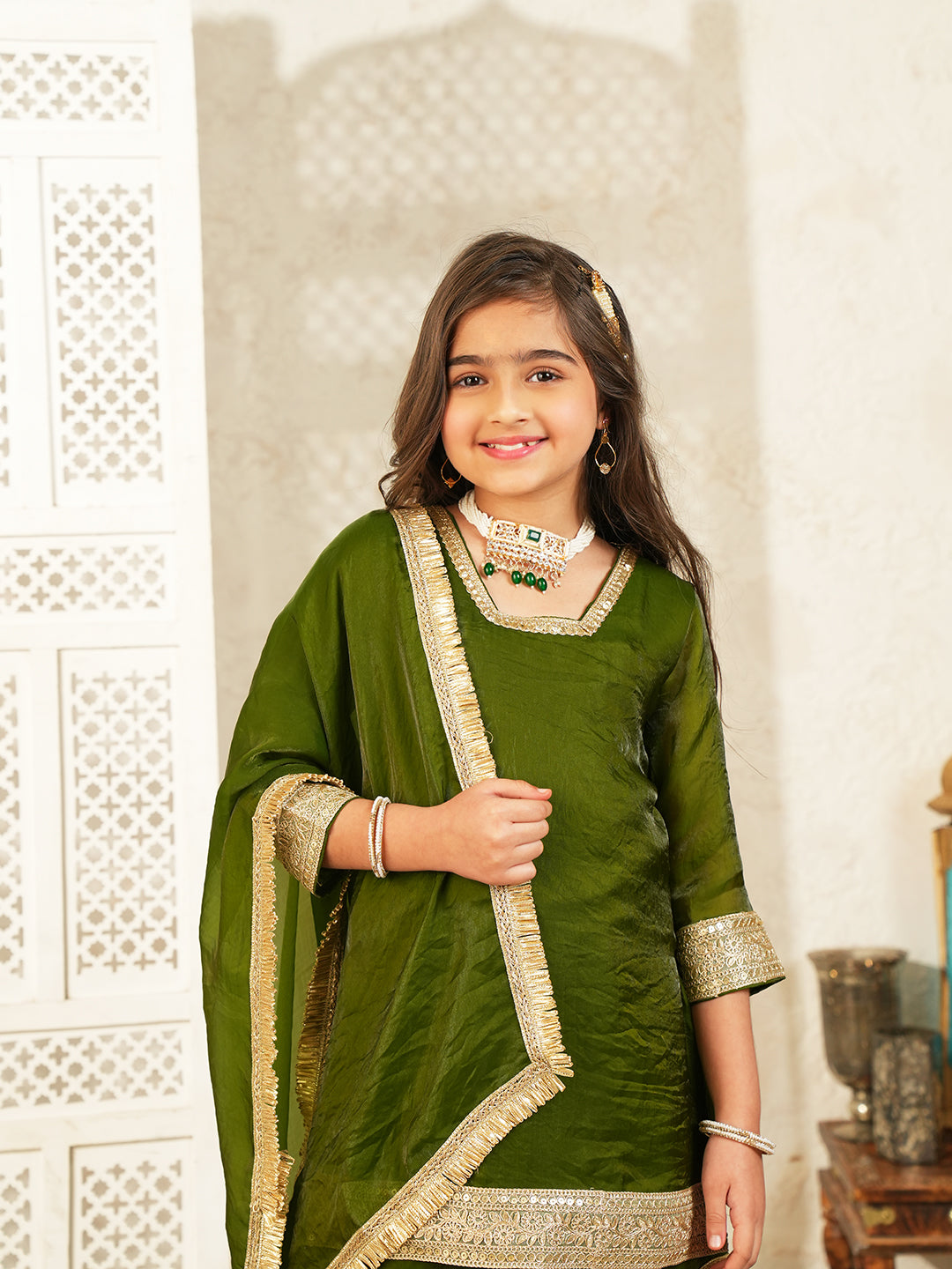 Green Solid with Lace Work Silk blend Kurti Gharara and Dupatta For Girls
