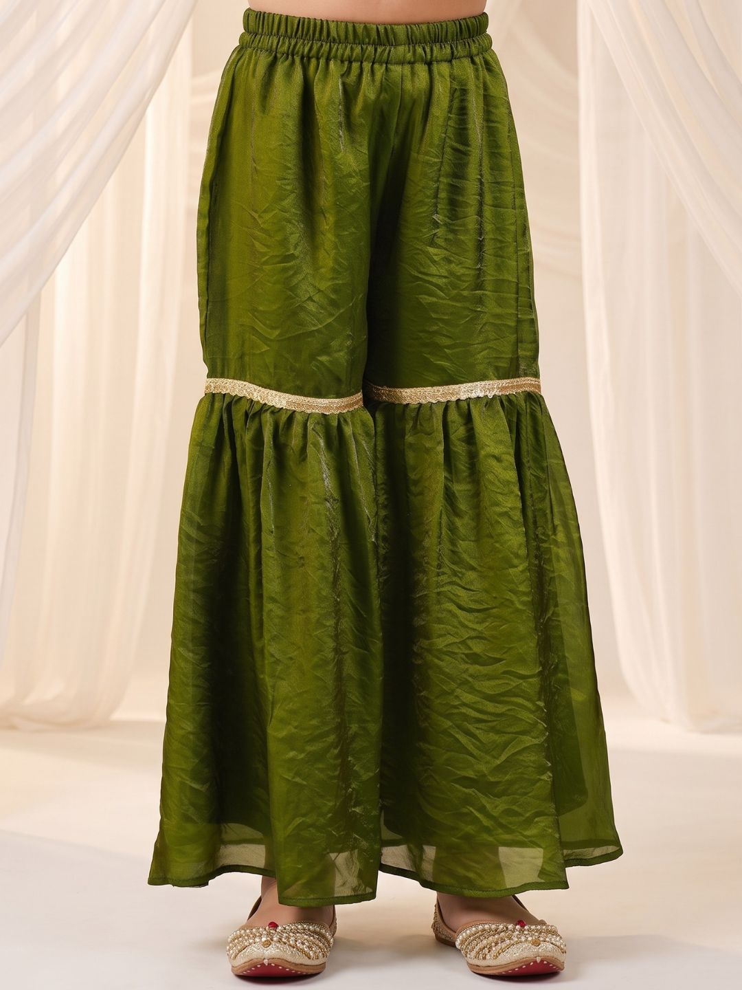 Green Solid with Lace Work Silk blend Kurti Gharara and Dupatta For Girls