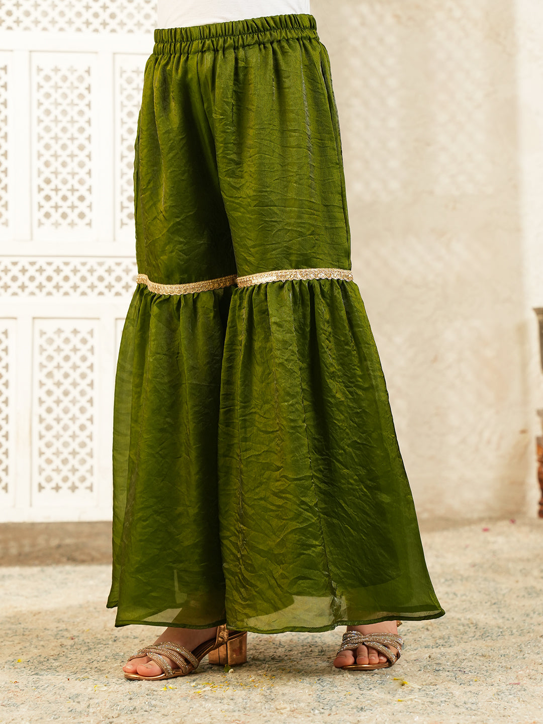 Green Solid with Lace Work Silk blend Kurti Gharara and Dupatta For Girls