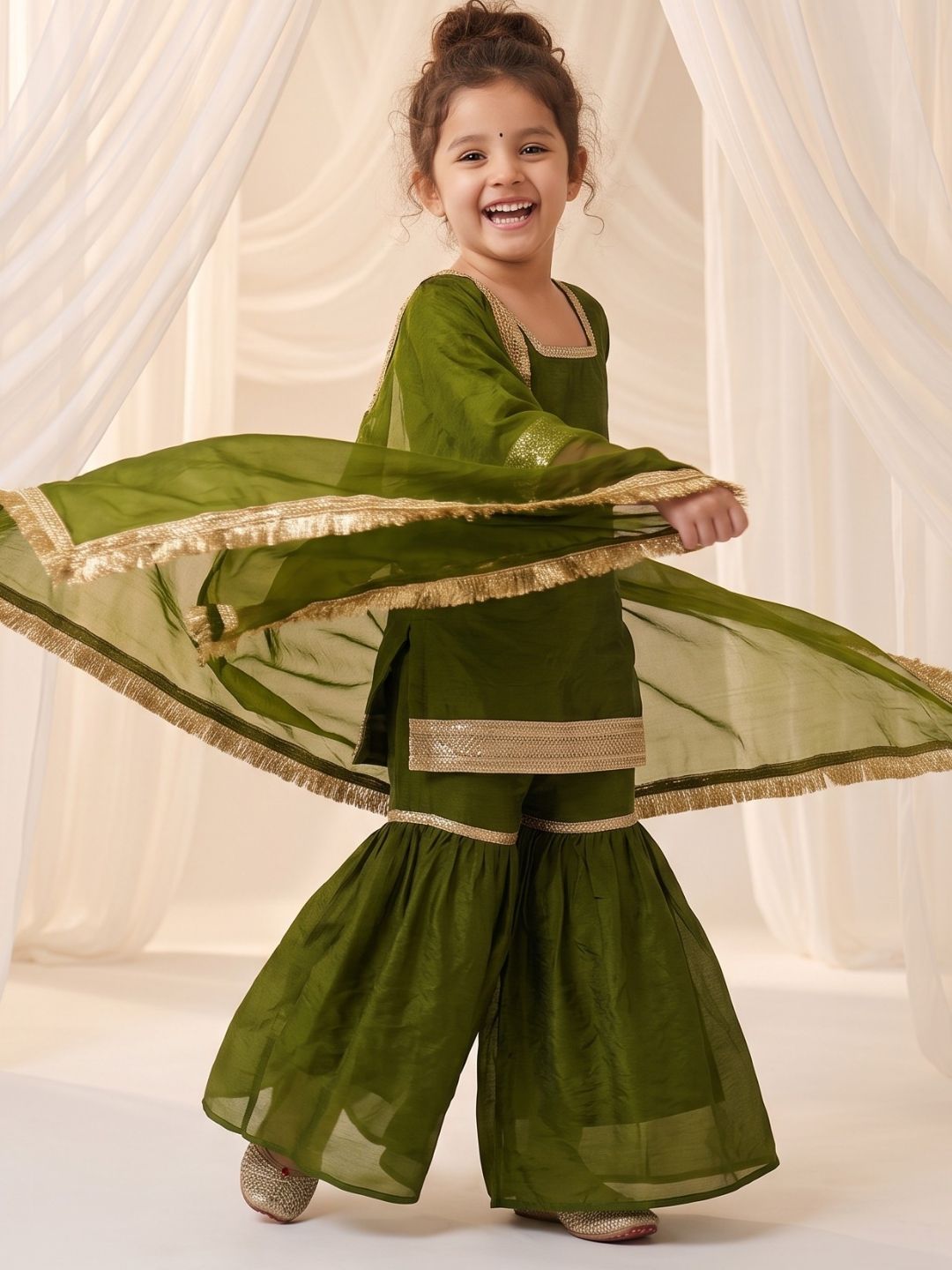 Green Solid with Lace Work Silk blend Kurti Gharara and Dupatta For Girls