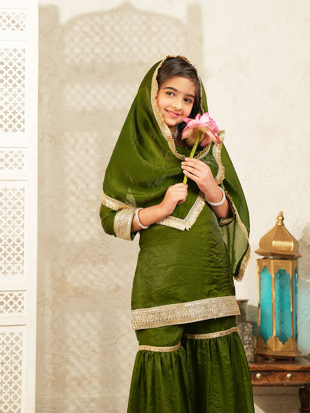 Green Solid with Lace Work Silk blend Kurti Gharara and Dupatta For Girls
