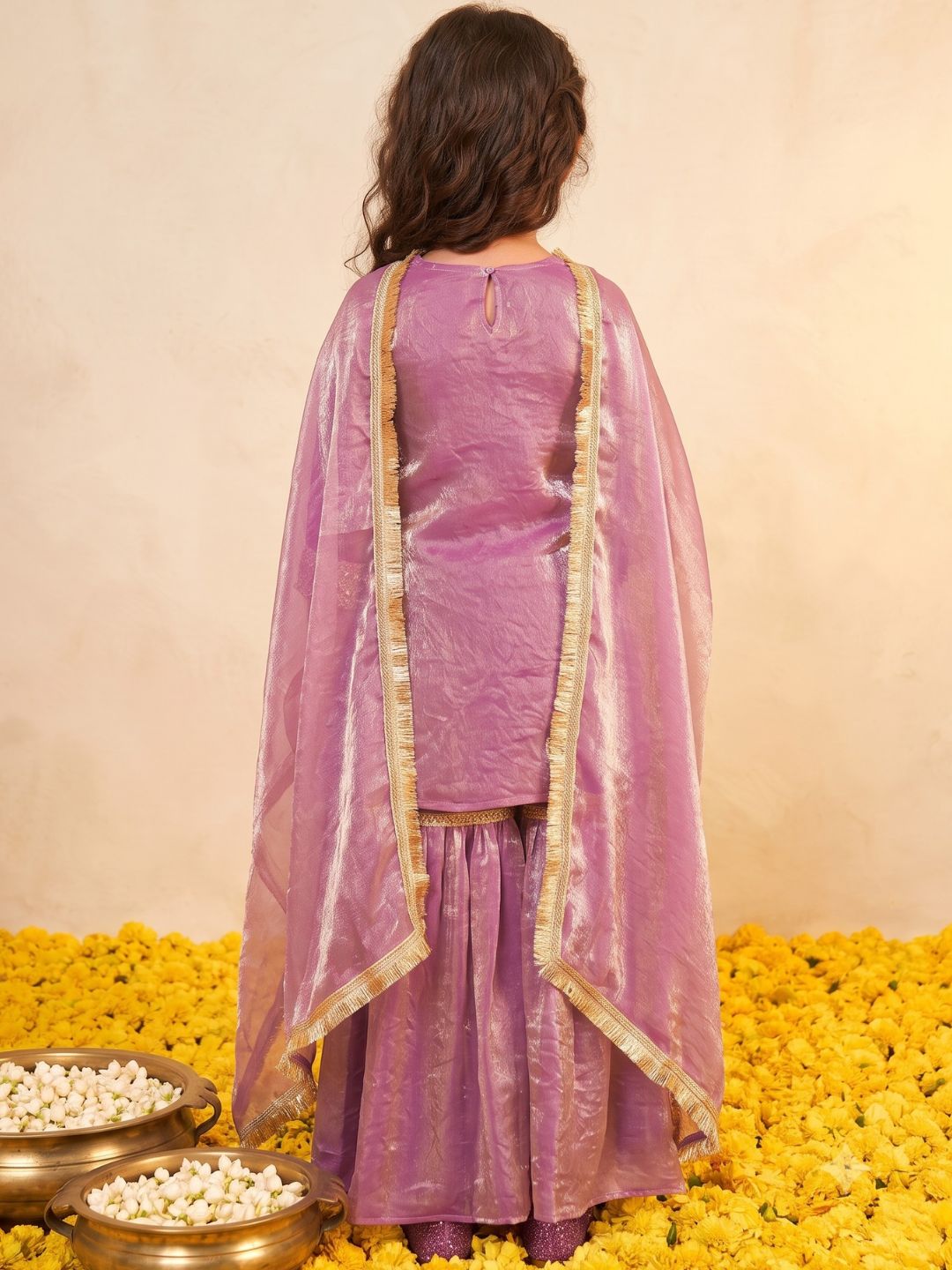Lavender Solid with Lace Work Silk blend Kurti Gharara and Dupatta For Girls