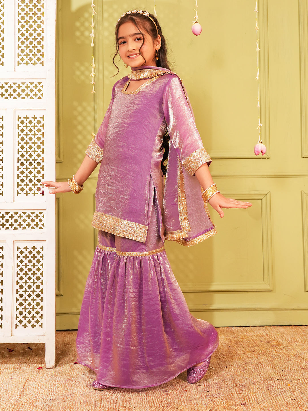 Lavender Solid with Lace Work Silk blend Kurti Gharara and Dupatta For Girls