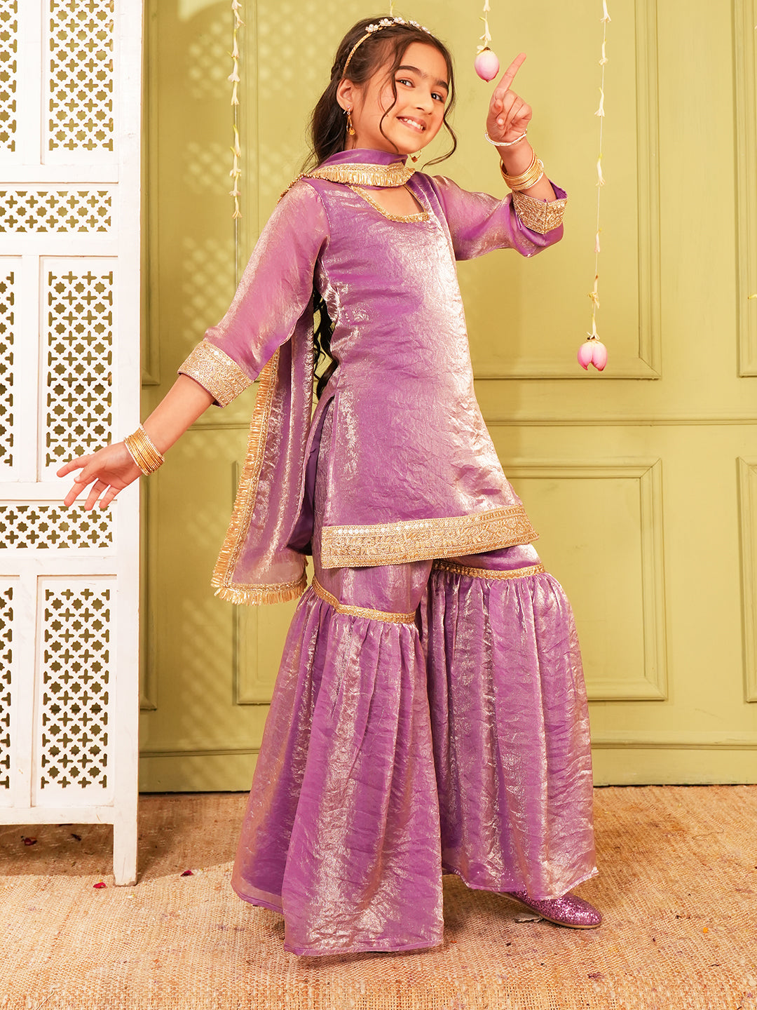 Lavender Solid with Lace Work Silk blend Kurti Gharara and Dupatta For Girls