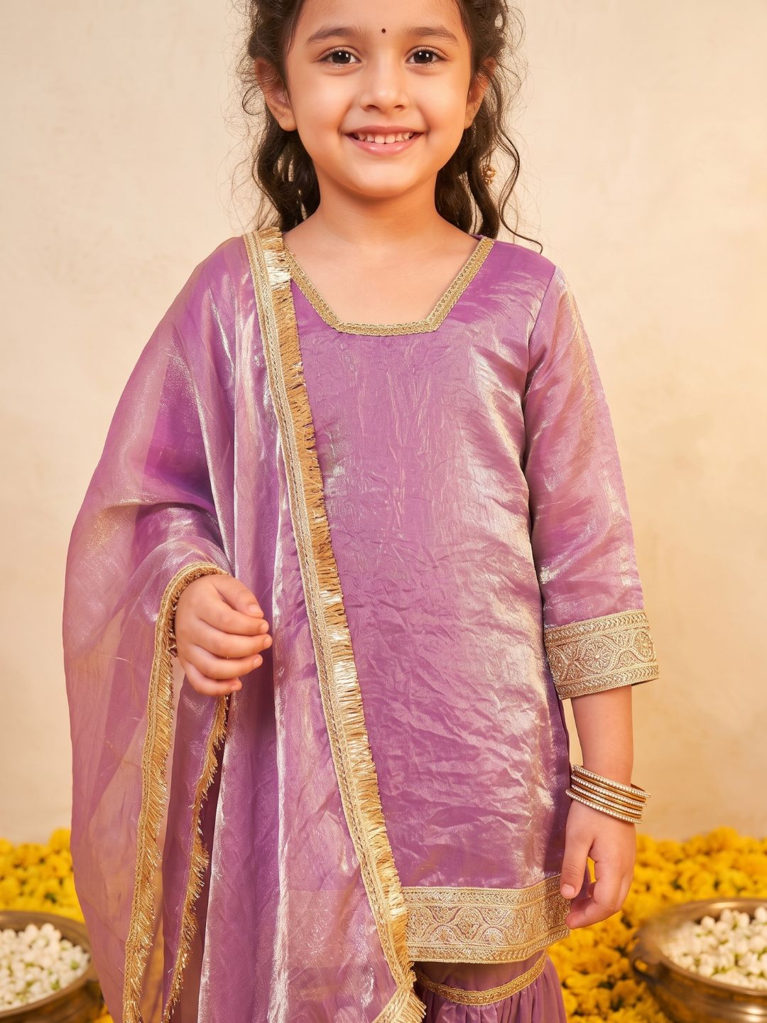 Lavender Solid with Lace Work Silk blend Kurti Gharara and Dupatta For Girls
