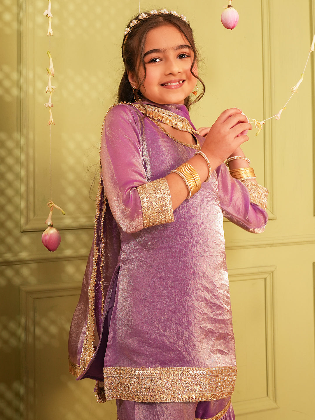 Lavender Solid with Lace Work Silk blend Kurti Gharara and Dupatta For Girls
